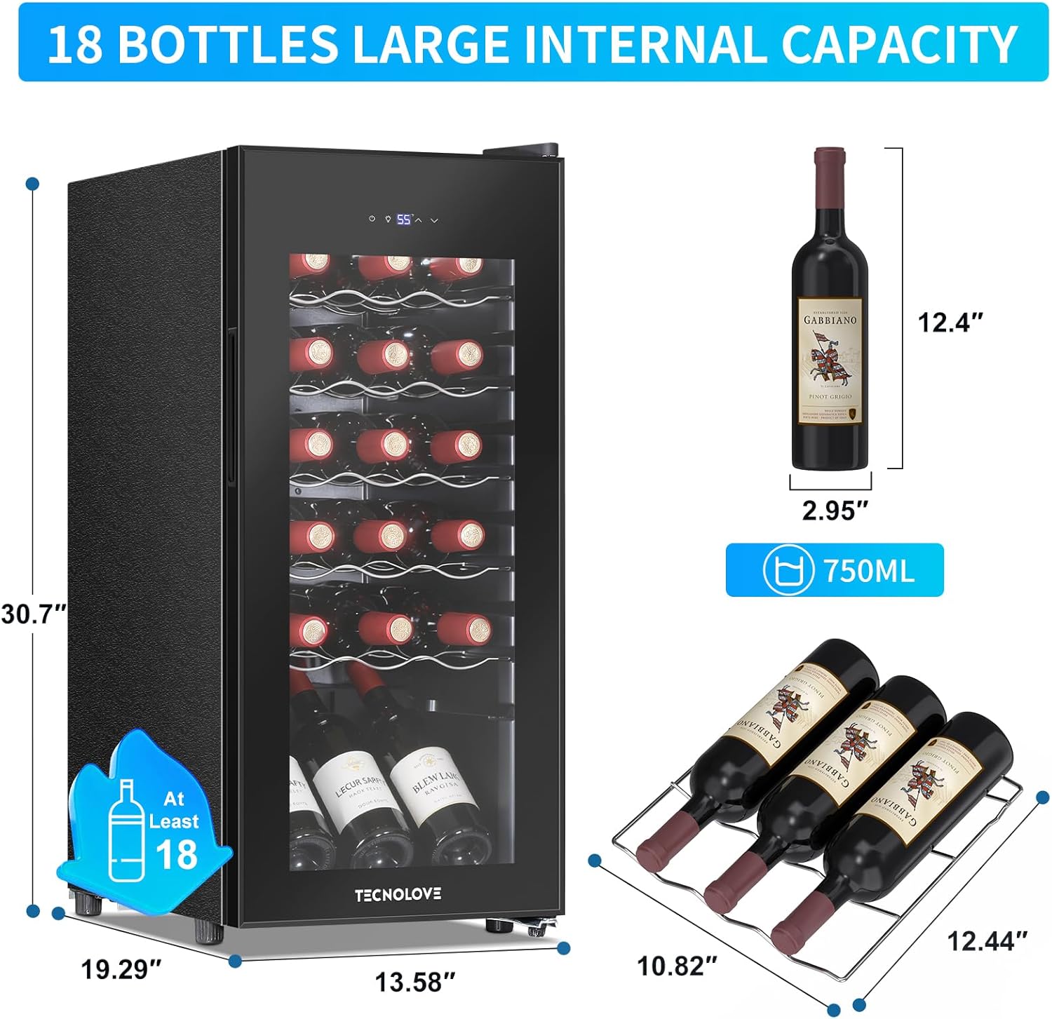 18 Bottle Wine Cooler with 41-68℉ Digital Temperature Control Black