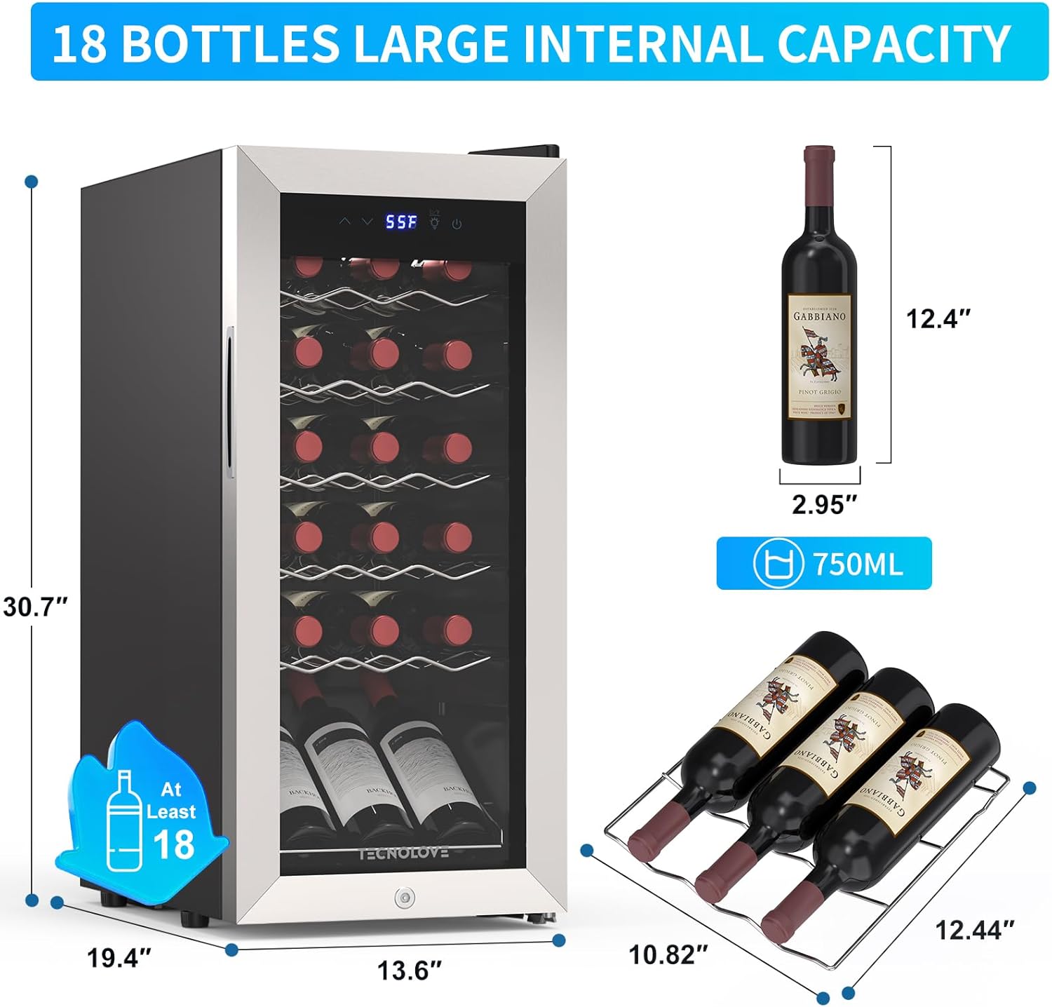 18 Bottle Wine Cooler with 41-68℉ Digital Temperature Control