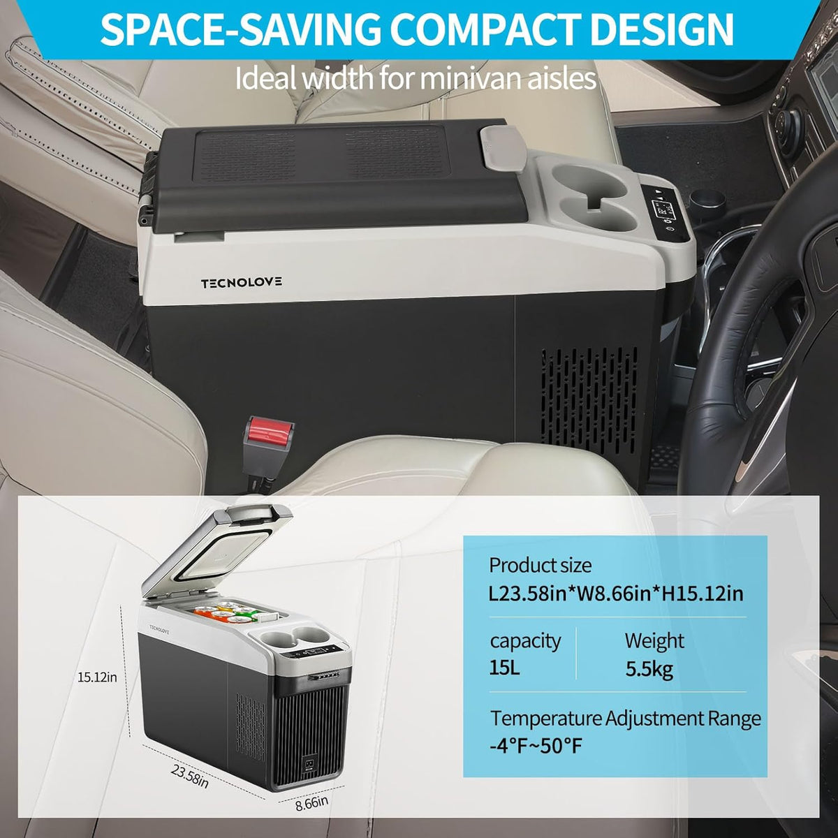 12 Volt Center Console Fridge,Car Refrigerator 16QT(15L) Cooler – TECNOLOVE