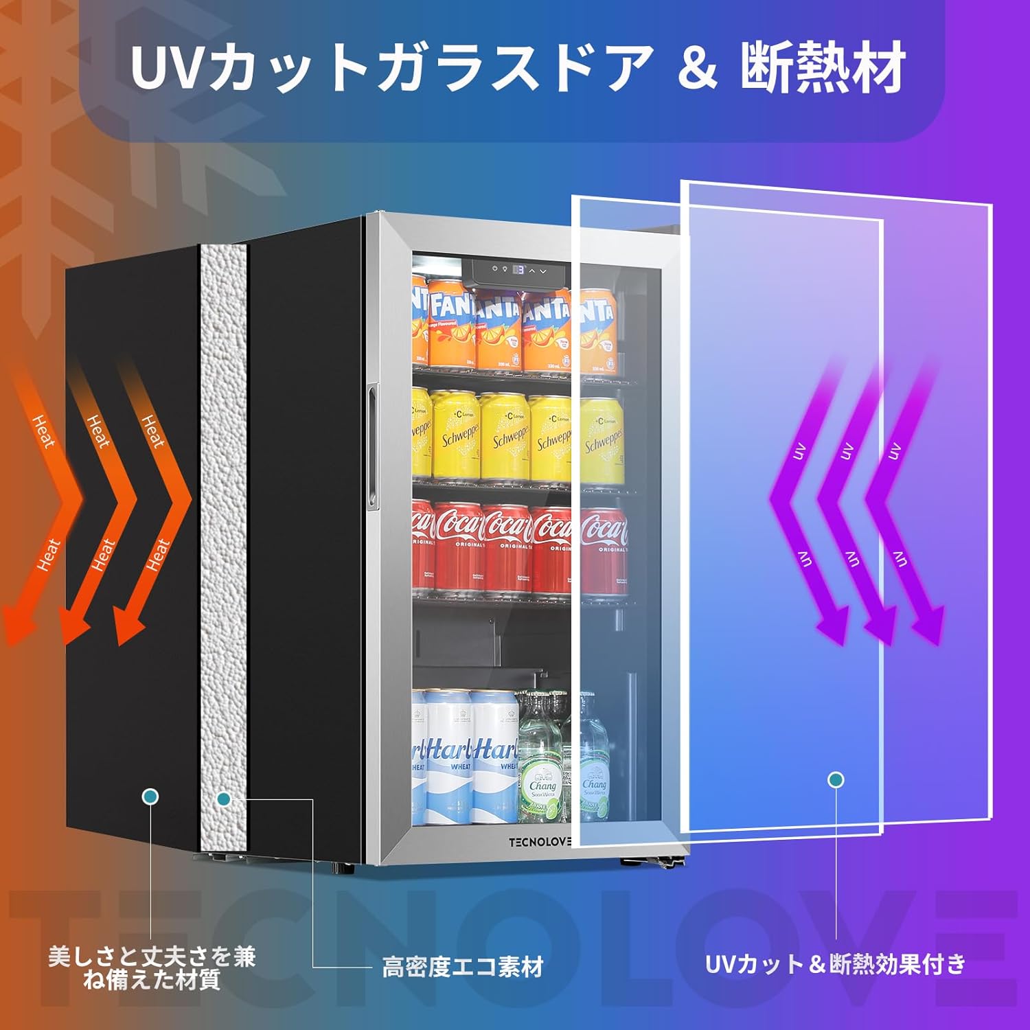 ドリンク冷蔵庫 86L 3～18℃ 幅45㎝ 自動霜取り 銀枠 – TECNOLOVE